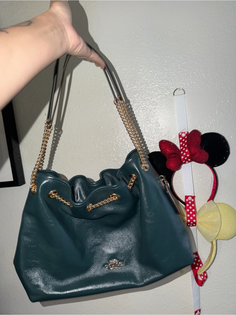 Coach Teal Pebbled Leather Drawstring Shoulder Bag with Gold Chain